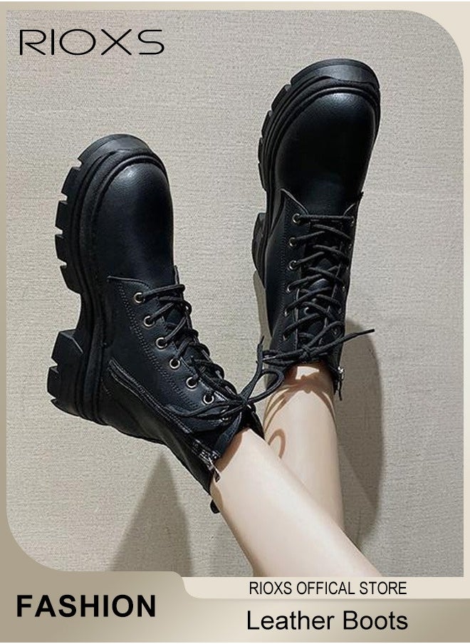 RIOXS - Women's Fall Winter Ankle Boots Ladies Fashion Casual Leather Boots Side Zipper 7-Eye Lace Up High Heel Comfortable Shoes - Image 1
