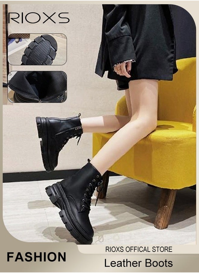 RIOXS - Women's Fall Winter Ankle Boots Ladies Fashion Casual Leather Boots Side Zipper 7-Eye Lace Up High Heel Comfortable Shoes - Image 1