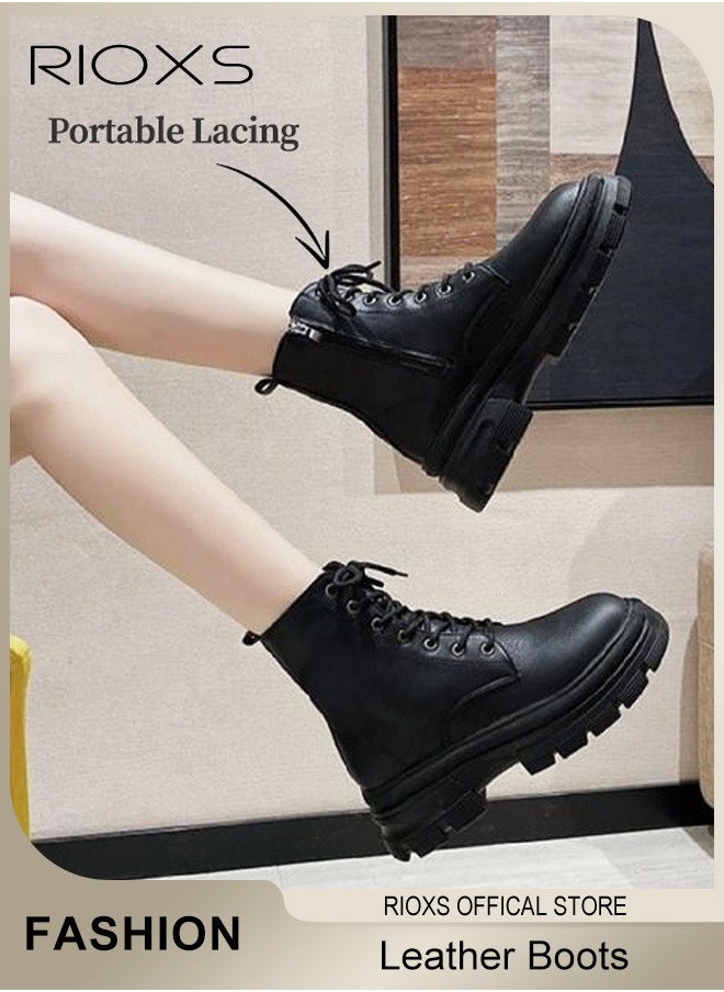 RIOXS - Women's Fall Winter Ankle Boots Ladies Fashion Casual Leather Boots Side Zipper 7-Eye Lace Up High Heel Comfortable Shoes - Image 1
