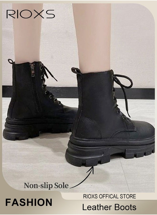 RIOXS - Women's Fall Winter Ankle Boots Ladies Fashion Casual Leather Boots Side Zipper 7-Eye Lace Up High Heel Comfortable Shoes - Image 1