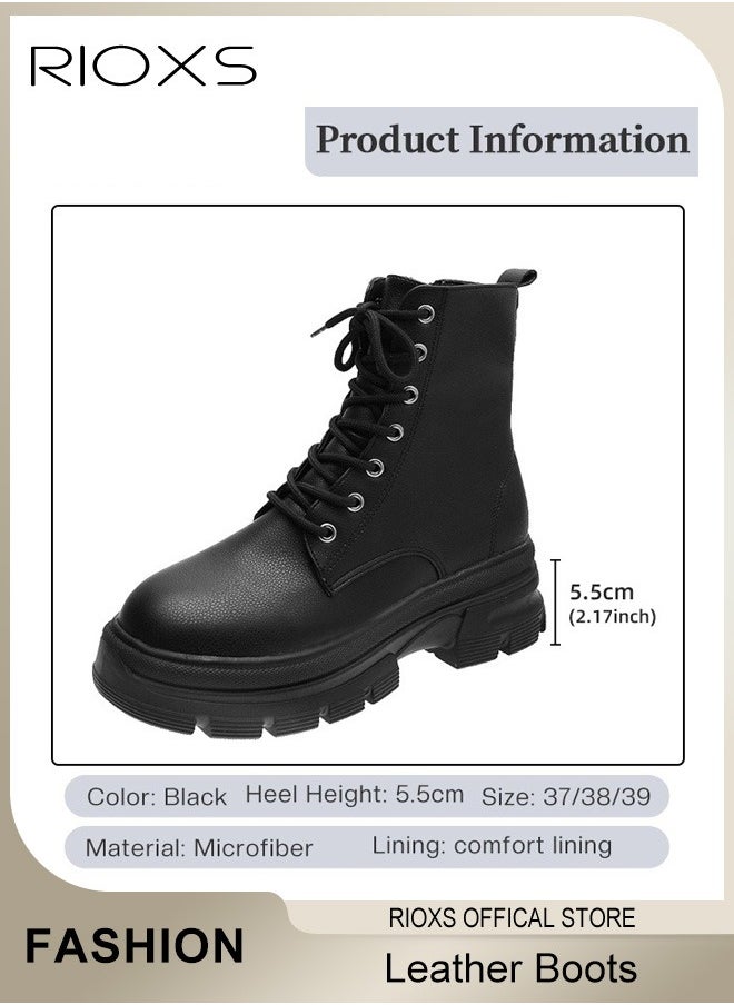 RIOXS - Women's Fall Winter Ankle Boots Ladies Fashion Casual Leather Boots Side Zipper 7-Eye Lace Up High Heel Comfortable Shoes - Image 1