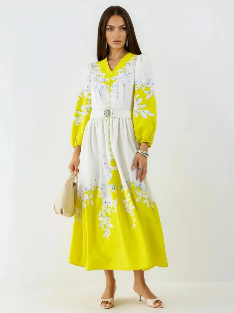 Jennyfer Floral Maxi Dress with V-Neck and Button Detail