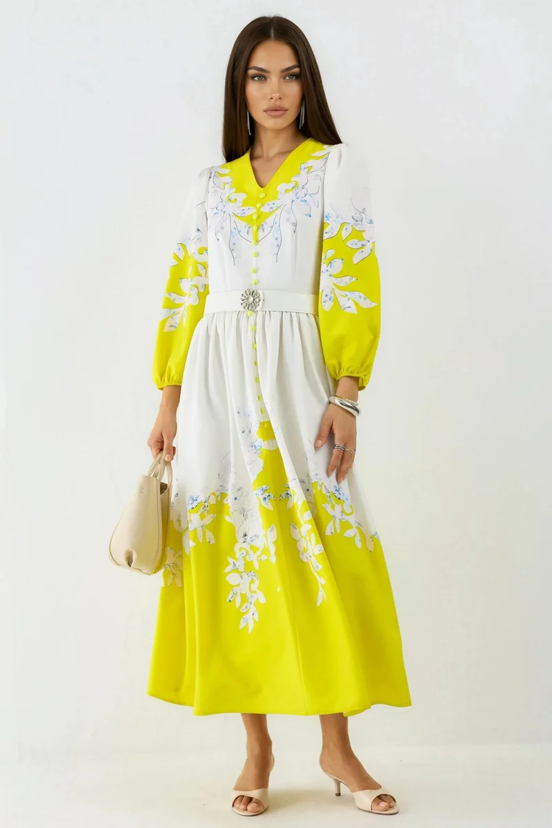 جينيفر Floral Maxi Dress with V-Neck and Button Detail