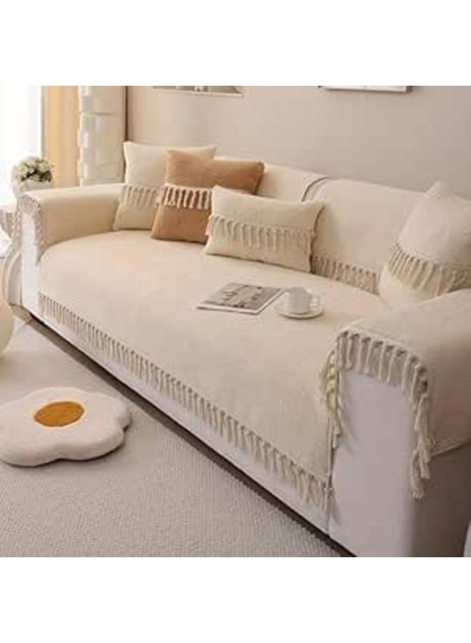طقم غطاء أريكة كتان عام مع شرابات ، 10 قطع ، واقي أثاث غرفة المعيشة ، أريكة كبيرة 195 * 90 سم .فلو (أوف وايت)
