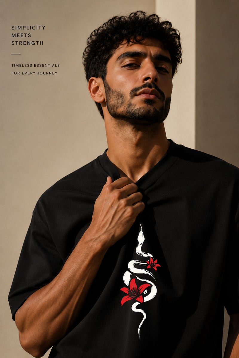 Men's Oversized Black Snake and Red Floral Graphic T-Shirt Casual Short Sleeve Crew Neck Streetwear Tee - Image 5