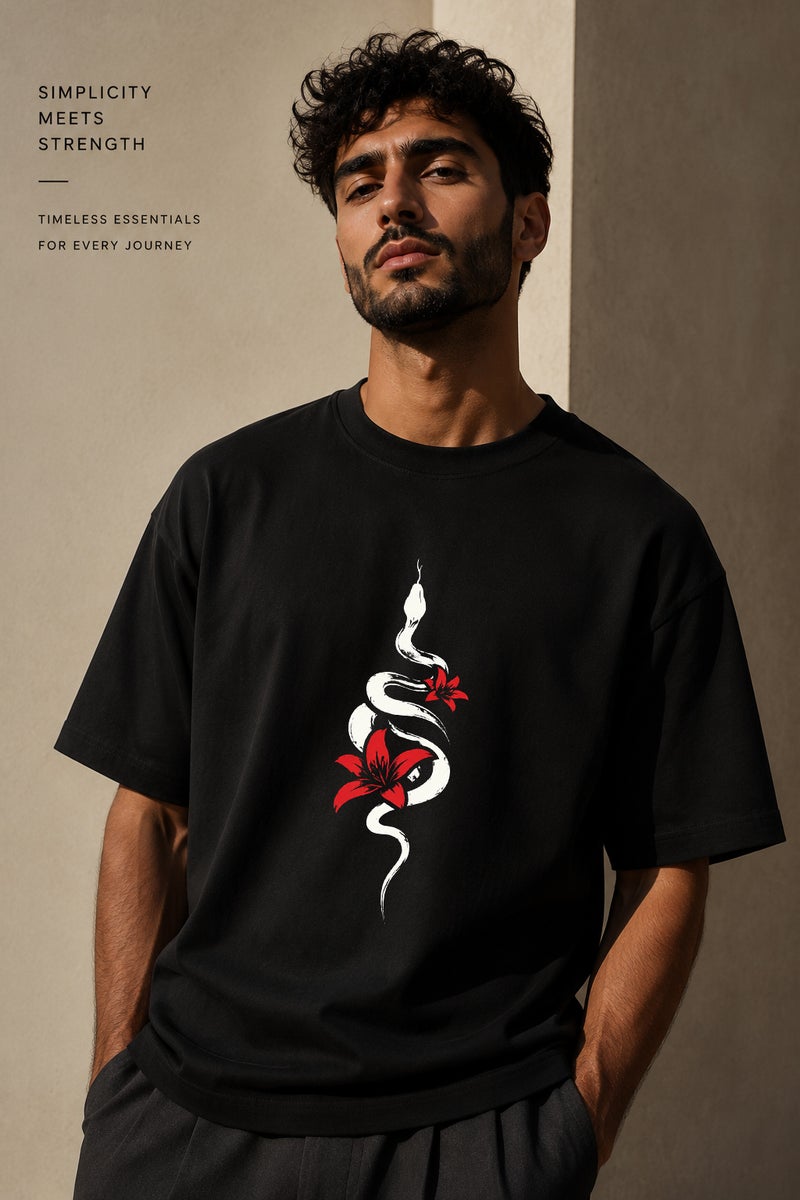 Men's Oversized Black Snake and Red Floral Graphic T-Shirt Casual Short Sleeve Crew Neck Streetwear Tee - Image 1