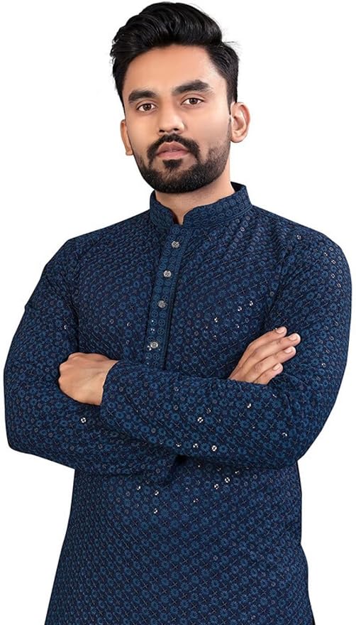 LookMark Present Men's Pure Rayon Chikankari Sequins Kurta||Men's Chikankari Navyblue Coloured Kurta|| AZ-LM-OG-Kurta 11 Navy Blue-XXL - Image 3