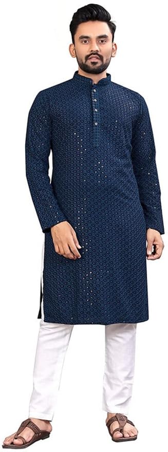 LookMark Present Men's Pure Rayon Chikankari Sequins Kurta||Men's Chikankari Navyblue Coloured Kurta|| AZ-LM-OG-Kurta 11 Navy Blue-XXL - Image 5