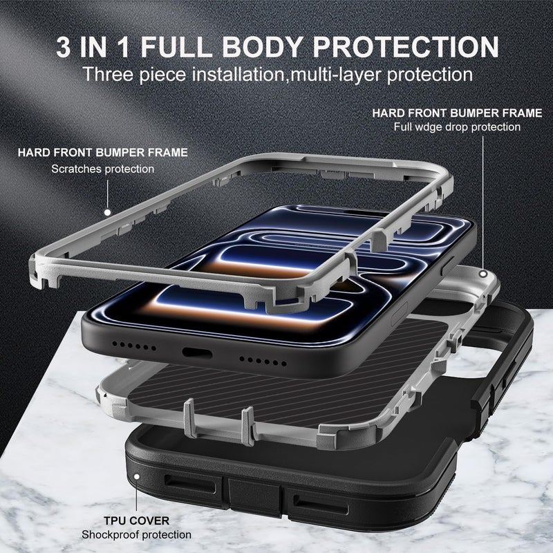 YKHJKLEC for iPhone 17 Pro Case, Military Grade 3 in 1 Heavy Duty Shockproof/Drop Proof/Dust Proof Case with 2Pcs Tempered Glass Screen Protector (Black/Grey) - Image 4