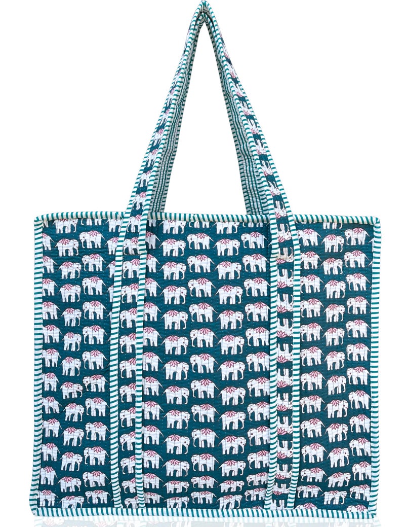 Third Eye Export 100% Cotton Quilted Tote Bag 18x16â€“ Large Zipper Beach Bag & Travel Bag Green Purse Reusable Grocery Bags (Orient Elephant) - Image 1