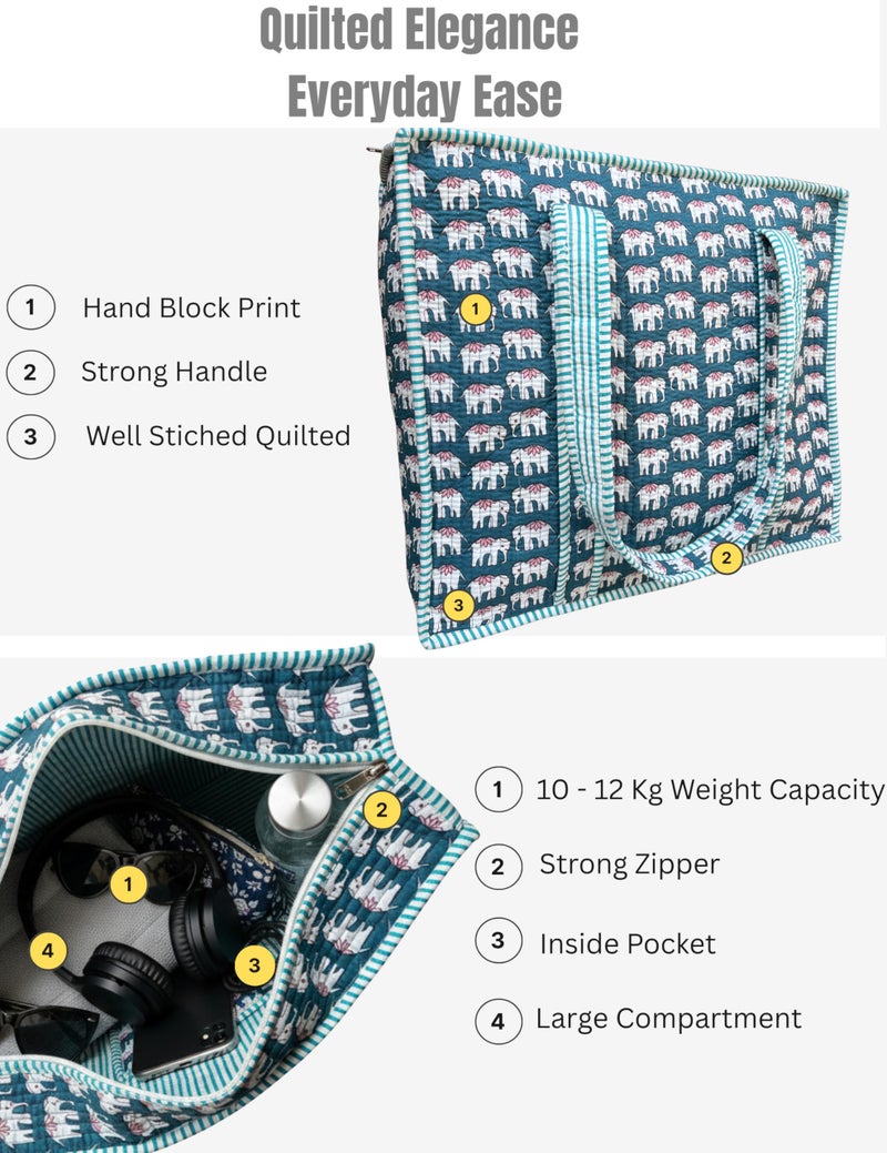Third Eye Export 100% Cotton Quilted Tote Bag 18x16â€“ Large Zipper Beach Bag & Travel Bag Green Purse Reusable Grocery Bags (Orient Elephant) - Image 4