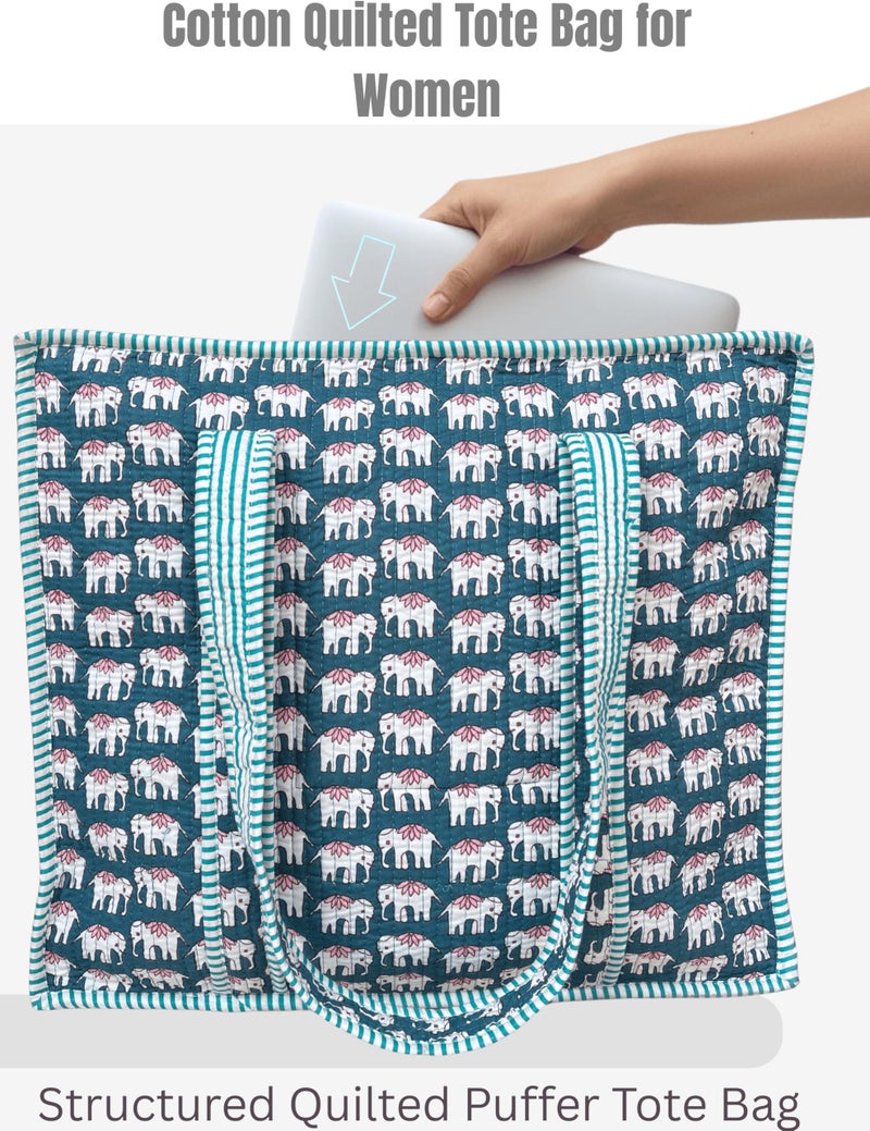 Third Eye Export 100% Cotton Quilted Tote Bag 18x16â€“ Large Zipper Beach Bag & Travel Bag Green Purse Reusable Grocery Bags (Orient Elephant) - Image 5