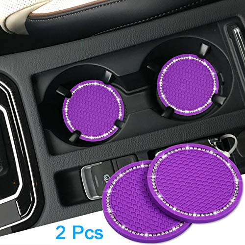 Wisdompro Bling Car Coasters, Wisdompro 2 Pack PVC Car Cup Holder Insert Coaster - Anti Slip Universal Vehicle Interior Accessories Crystal Glitter Cup Mats for Women and Men (2.75" Diameter, Purple) - Image 2