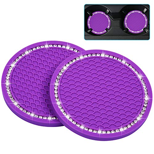 Wisdompro Bling Car Coasters, Wisdompro 2 Pack PVC Car Cup Holder Insert Coaster - Anti Slip Universal Vehicle Interior Accessories Crystal Glitter Cup Mats for Women and Men (2.75" Diameter, Purple) - Image 1