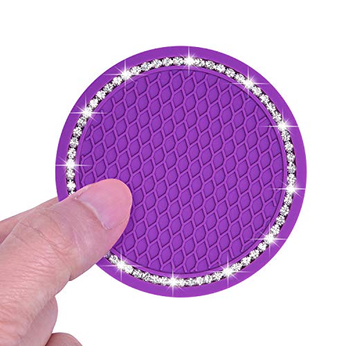 Wisdompro Bling Car Coasters, Wisdompro 2 Pack PVC Car Cup Holder Insert Coaster - Anti Slip Universal Vehicle Interior Accessories Crystal Glitter Cup Mats for Women and Men (2.75" Diameter, Purple) - Image 3