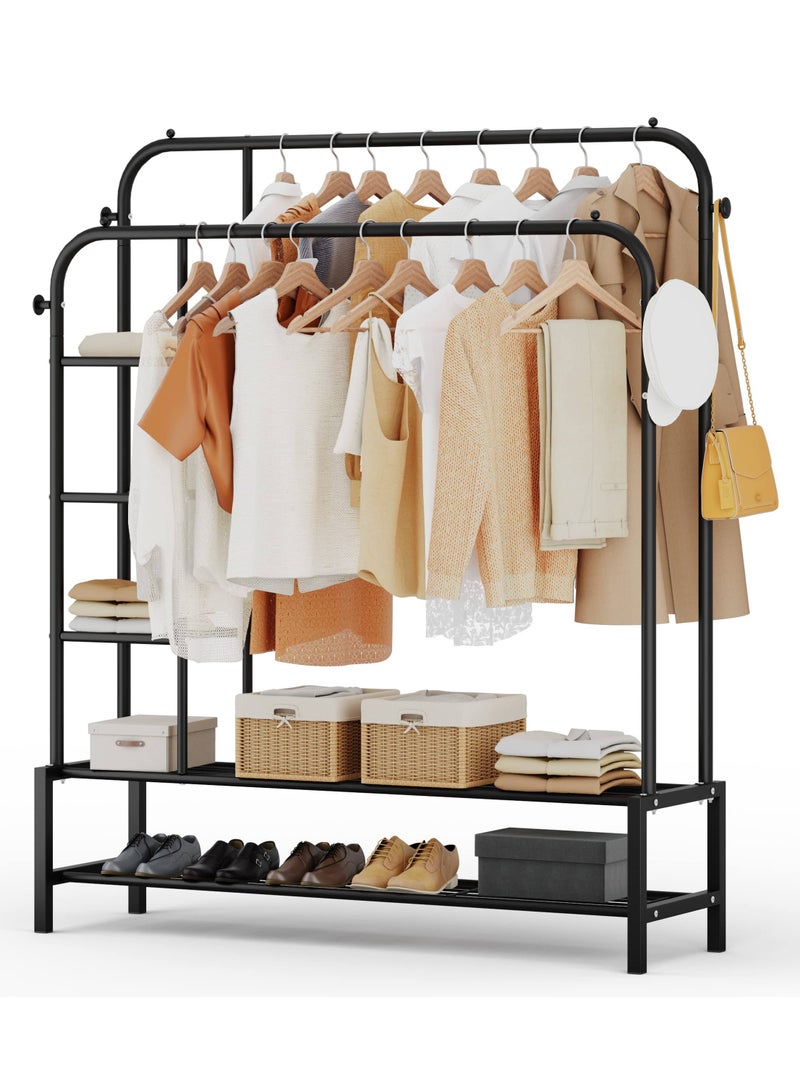 DubaiGallery Double Rods Portable Garment Rack for Hanging clothes, Metal Clothing Rack with Bottom Shelves and 4 Hooks,Freestanding Clothes Rack for Bedroom,Space Saving - Image 1
