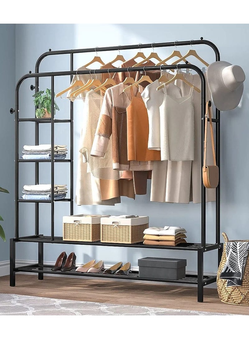 DubaiGallery Double Rods Portable Garment Rack for Hanging clothes, Metal Clothing Rack with Bottom Shelves and 4 Hooks,Freestanding Clothes Rack for Bedroom,Space Saving - Image 2