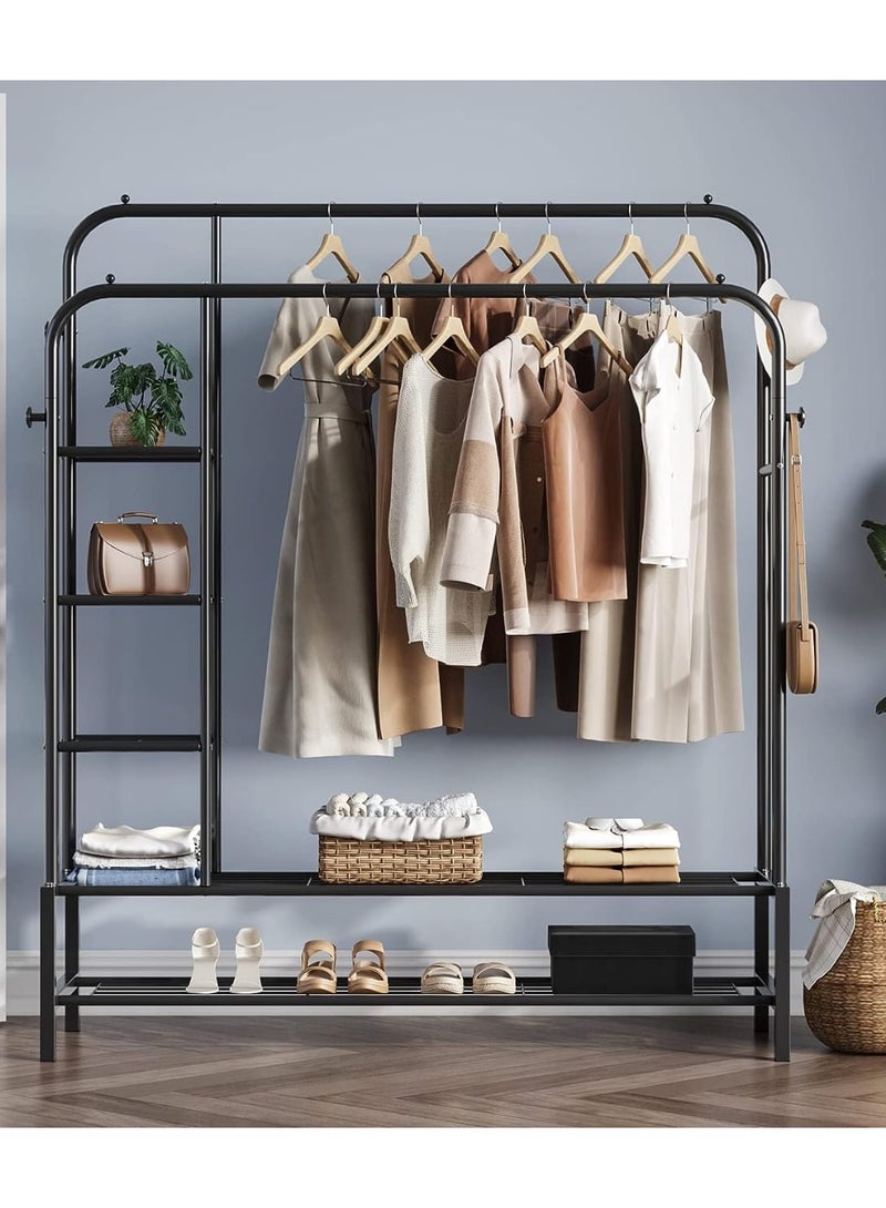 DubaiGallery Double Rods Portable Garment Rack for Hanging clothes, Metal Clothing Rack with Bottom Shelves and 4 Hooks,Freestanding Clothes Rack for Bedroom,Space Saving - Image 3