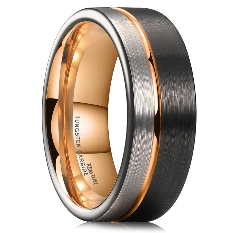 King Will LOOP Tungsten Carbide Wedding Band 8mm Rose Gold Line Ring Black and Silver Brushed Comfort Fit6 - Image 1