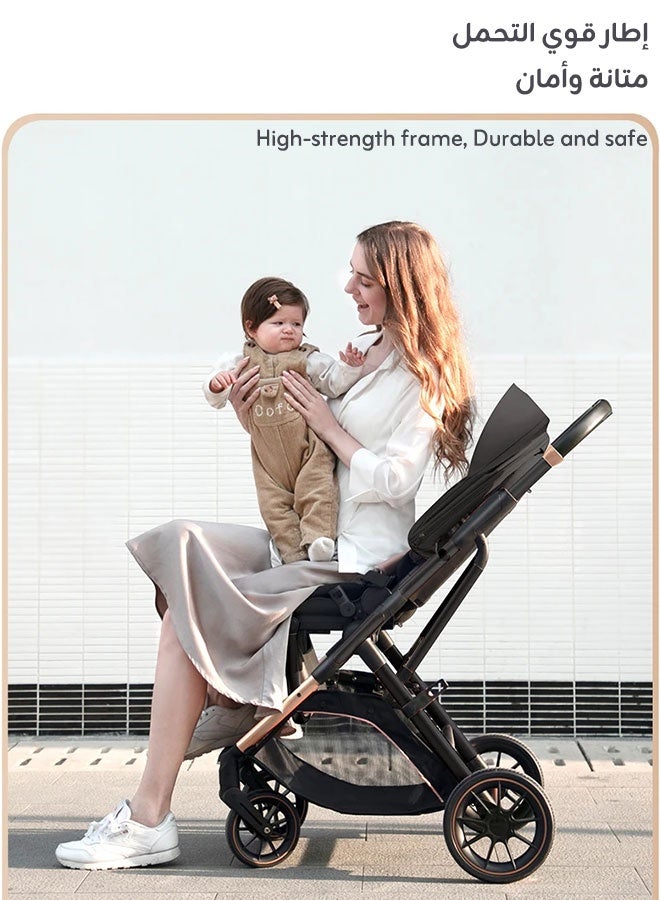 hibobi Two-Way Baby Stroller for 0-48 Months, One-Hand Folding with 5-Point Harness, High Capacity up to 22kg, Sleek Black Design - Image 4