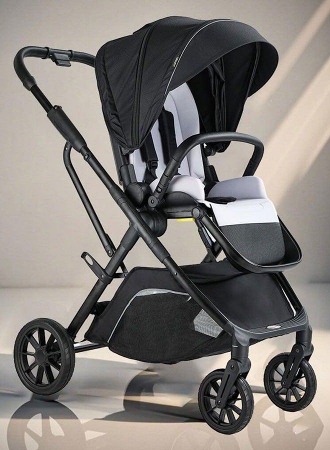 hibobi Two-Way Baby Stroller for 0-48 Months, One-Hand Folding with 5-Point Harness, High Capacity up to 22kg, Sleek Black Design - Image 2