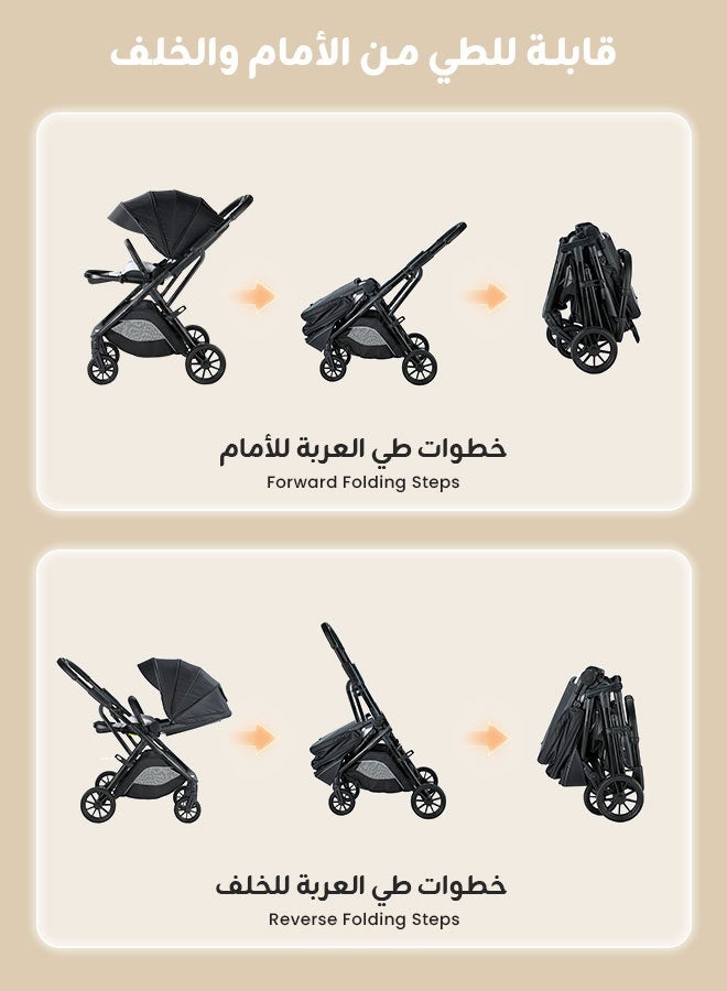hibobi Two-Way Baby Stroller for 0-48 Months, One-Hand Folding with 5-Point Harness, High Capacity up to 22kg, Sleek Black Design - Image 3