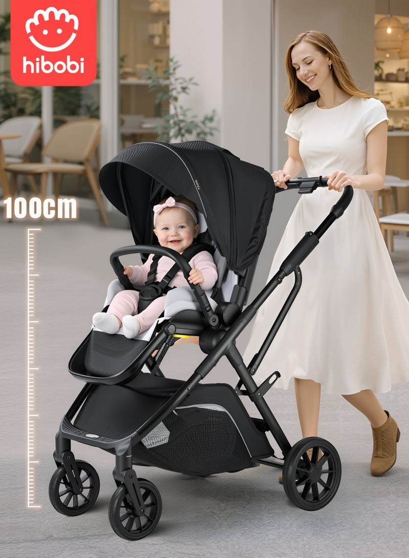 hibobi Two-Way Baby Stroller for 0-48 Months, One-Hand Folding with 5-Point Harness, High Capacity up to 22kg, Sleek Black Design - Image 1