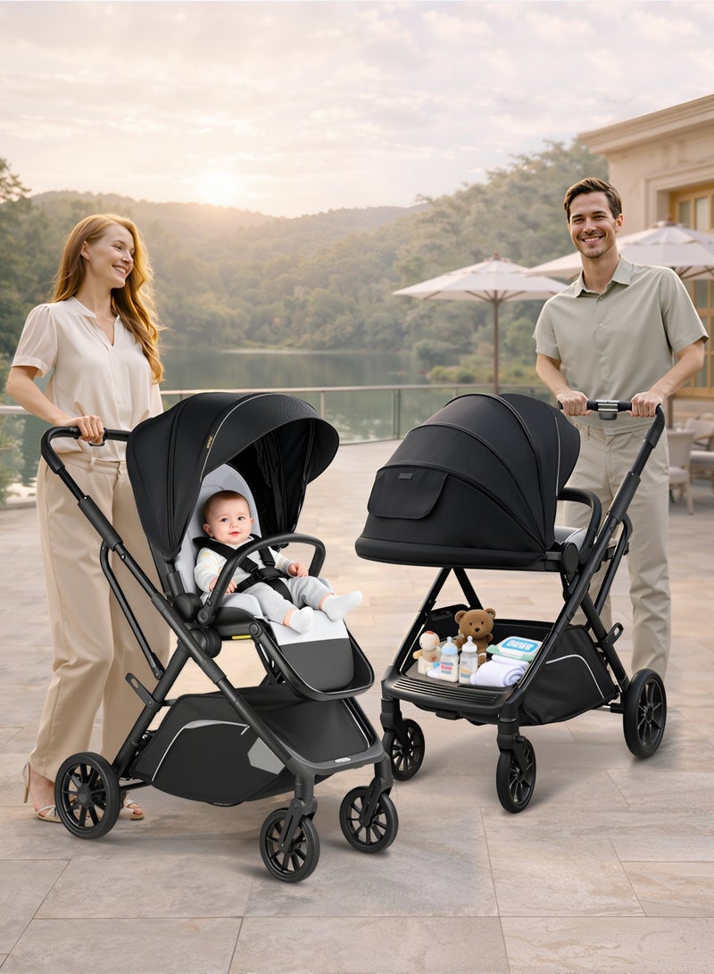 hibobi Two-Way Baby Stroller for 0-48 Months, One-Hand Folding with 5-Point Harness, High Capacity up to 22kg, Sleek Black Design - Image 2