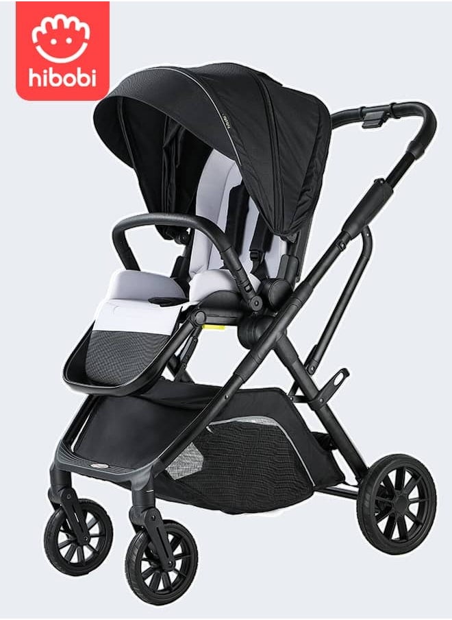 hibobi - Two-Way Baby Stroller for 0-48 Months, One-Hand Folding with 5-Point Harness, High Capacity up to 22kg, Sleek Black Design - Image 1
