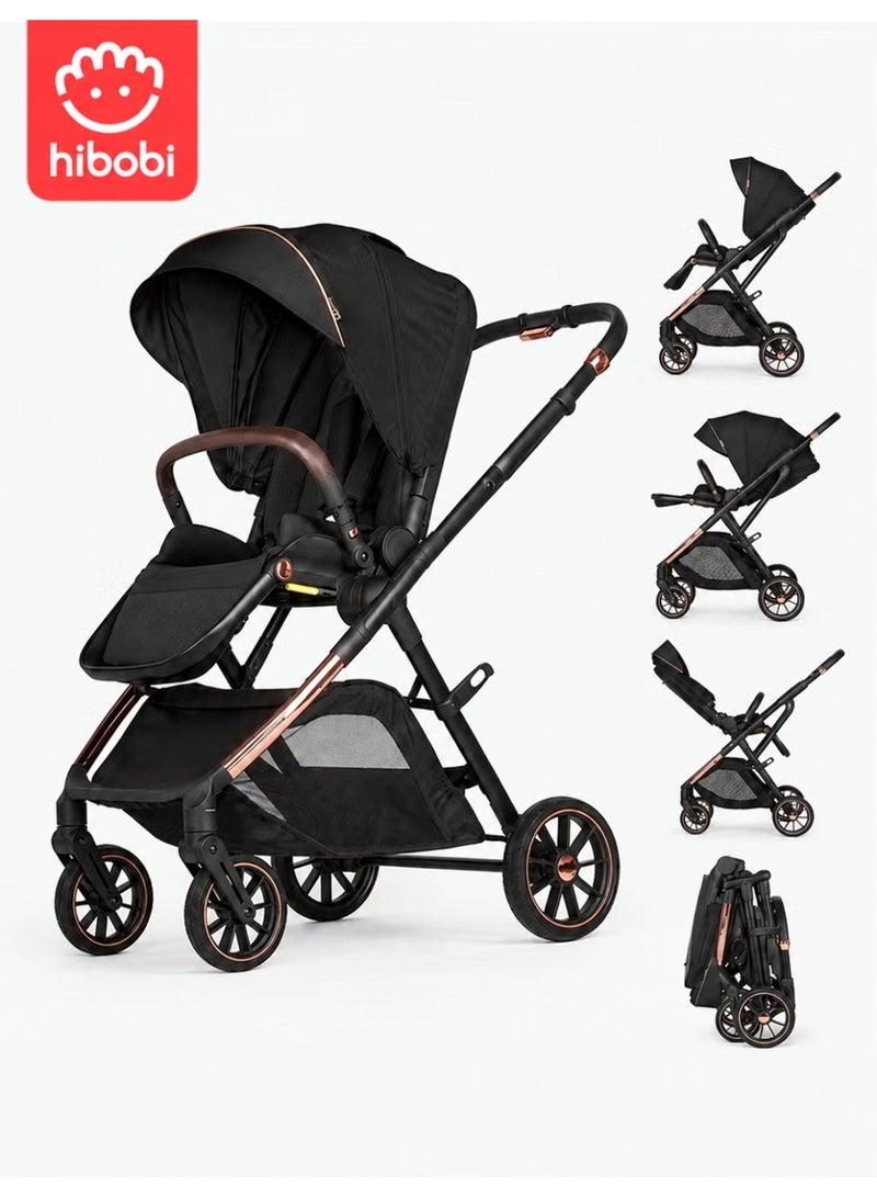 hibobi Two-Way Baby Stroller for 0-48 Months, One-Hand Folding with 5-Point Harness, High Capacity up to 22kg, Sleek Black Design - Image 1