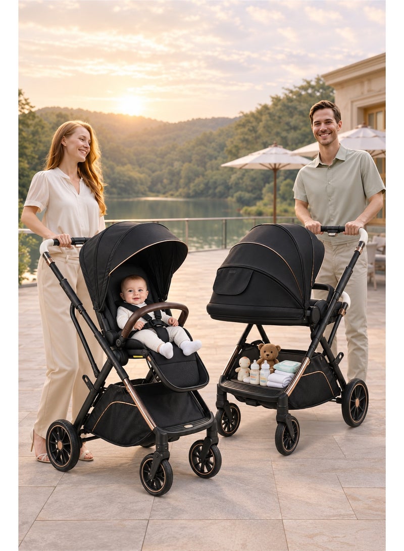 hibobi Two-Way Baby Stroller for 0-48 Months, One-Hand Folding with 5-Point Harness, High Capacity up to 22kg, Sleek Black Design - Image 2