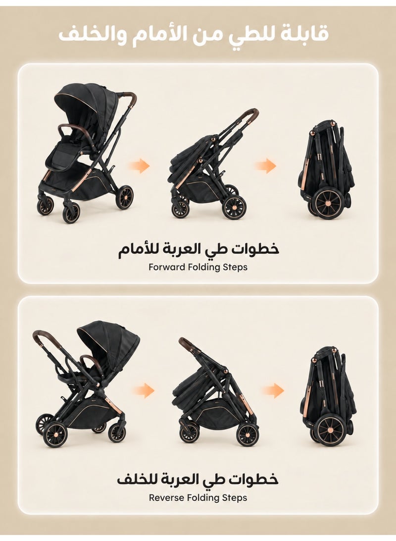 hibobi Two-Way Baby Stroller for 0-48 Months, One-Hand Folding with 5-Point Harness, High Capacity up to 22kg, Sleek Black Design - Image 3