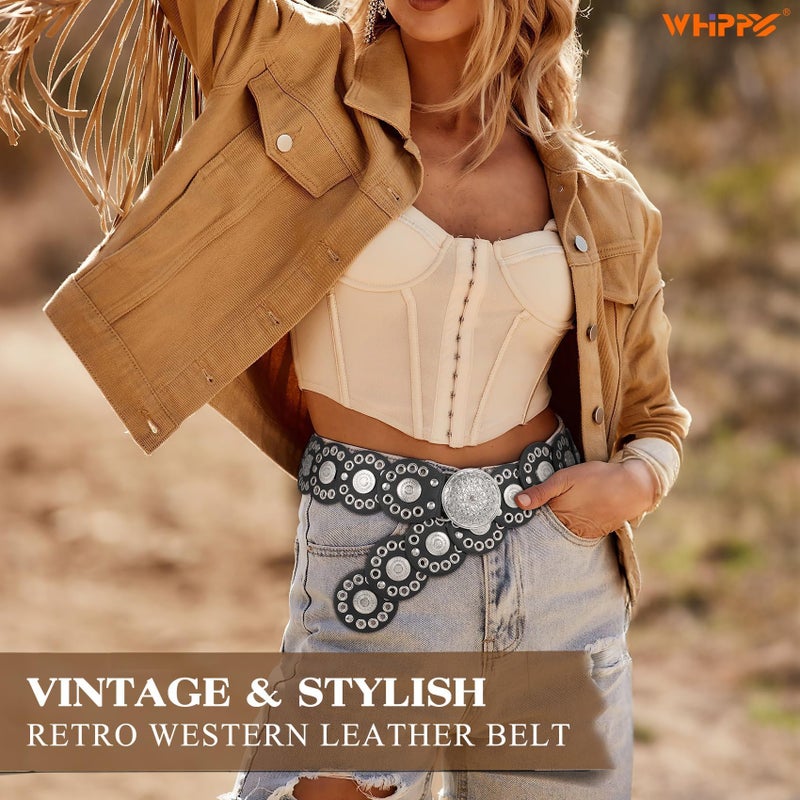 WHIPPY Western Belts for Women Vintage Disc Waist Belts Concho Leather Belts Boho Waist Belt for Dress Jeans, Silver Black, S - Image 4