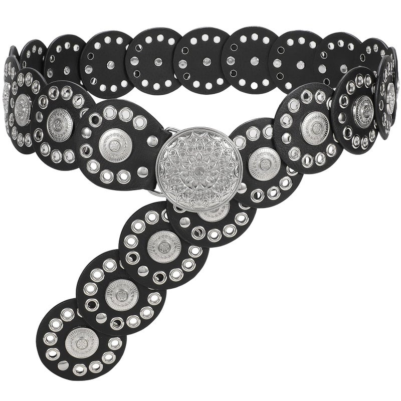WHIPPY Western Belts for Women Vintage Disc Waist Belts Concho Leather Belts Boho Waist Belt for Dress Jeans, Silver Black, S - Image 1