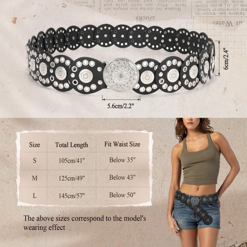 WHIPPY Western Belts for Women Vintage Disc Waist Belts Concho Leather Belts Boho Waist Belt for Dress Jeans, Silver Black, S - Image 5
