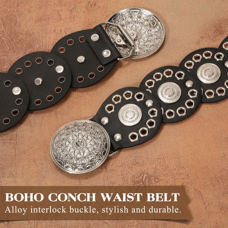 WHIPPY Western Belts for Women Vintage Disc Waist Belts Concho Leather Belts Boho Waist Belt for Dress Jeans, Silver Black, S - Image 3