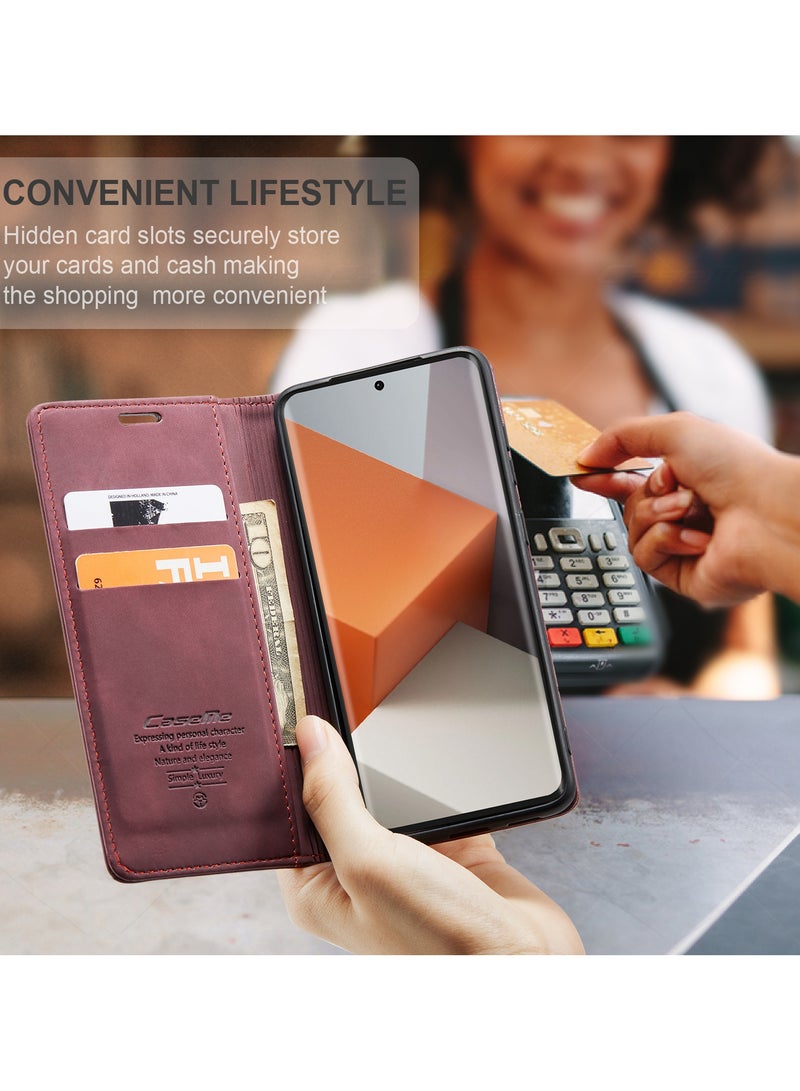CaseMe RedMi Note 13 pro plus 5G Wallet Case Book Folding Flip Folio Case with Magnetic Kickstand Card Slots Protective Cover - Wine Red - Image 2