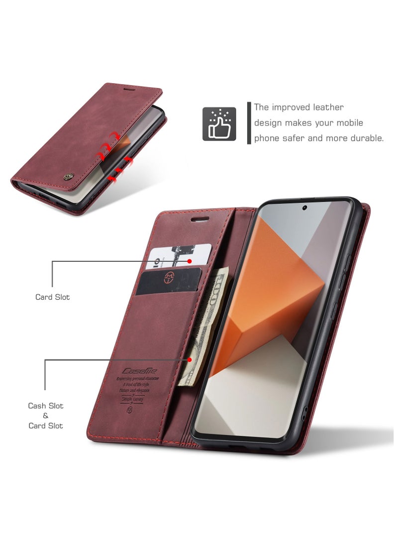 CaseMe RedMi Note 13 pro plus 5G Wallet Case Book Folding Flip Folio Case with Magnetic Kickstand Card Slots Protective Cover - Wine Red - Image 3