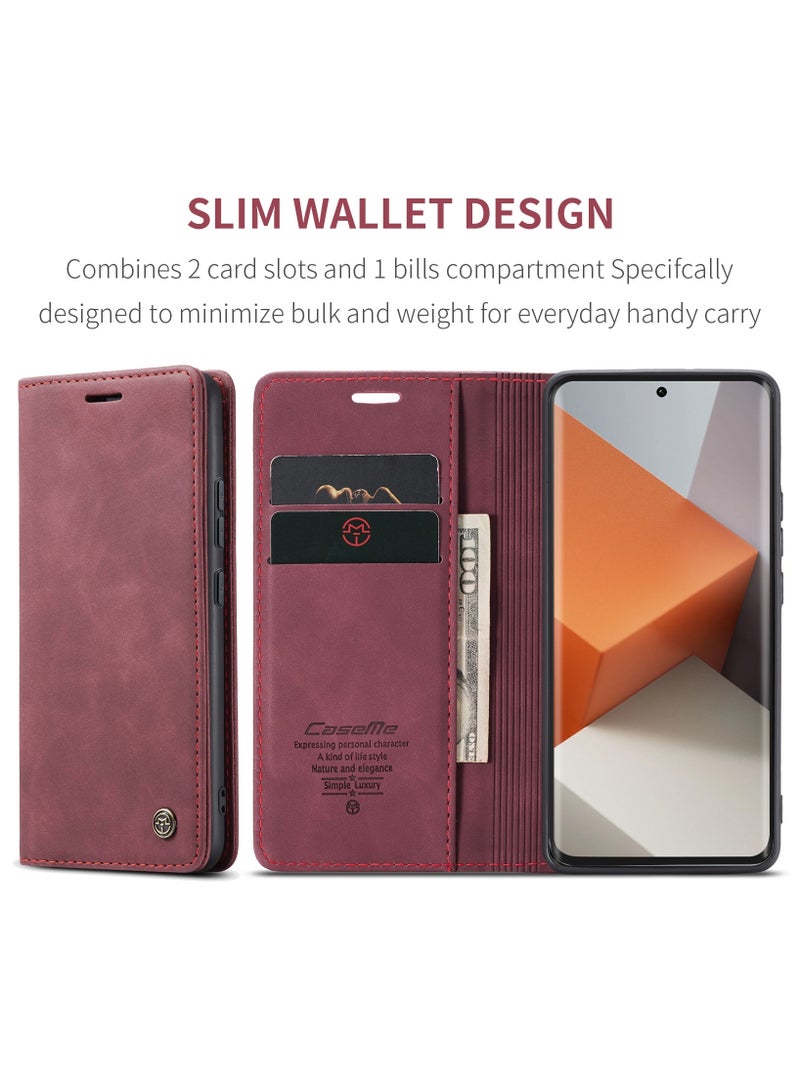 CaseMe RedMi Note 13 pro plus 5G Wallet Case Book Folding Flip Folio Case with Magnetic Kickstand Card Slots Protective Cover - Wine Red - Image 4