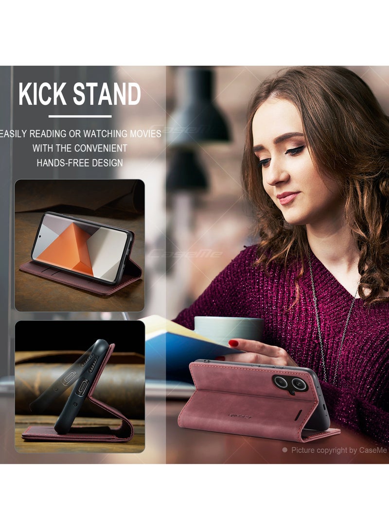CaseMe RedMi Note 13 pro plus 5G Wallet Case Book Folding Flip Folio Case with Magnetic Kickstand Card Slots Protective Cover - Wine Red - Image 5