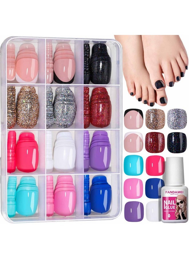 FANDAMEI FANDAMEI Press on Toe Nails, 12 Colors 288PCS Press on Toenails Short Square, 4 Glitter Press on Toenails Full Cover, 6 Glossy False Toenails for Feet, 2 Press on Toenails French Tip for Nail  - Image 1