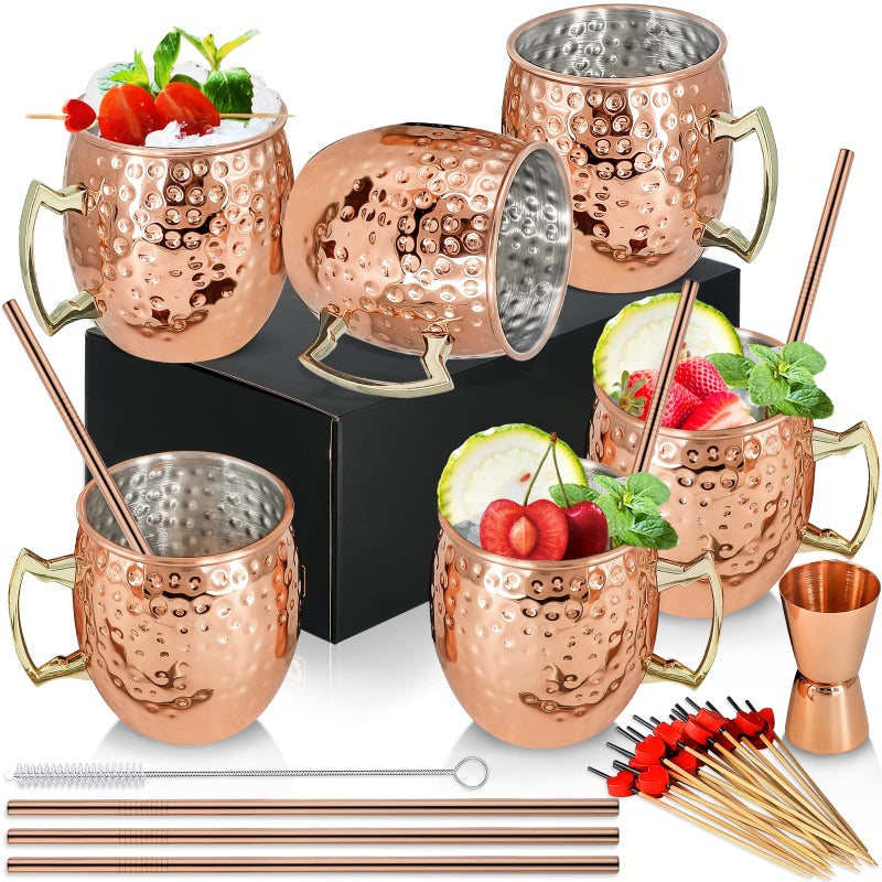 Moscow Mule Copper Mug for Cocktails 18oz540ml Set of 6 Copper Plated Stainless Steel Moscow Mule Cups with Handle Handmade Gift Set for Chilled Cocktails Cold Drinks Beer Coffee Water 6 Packs
