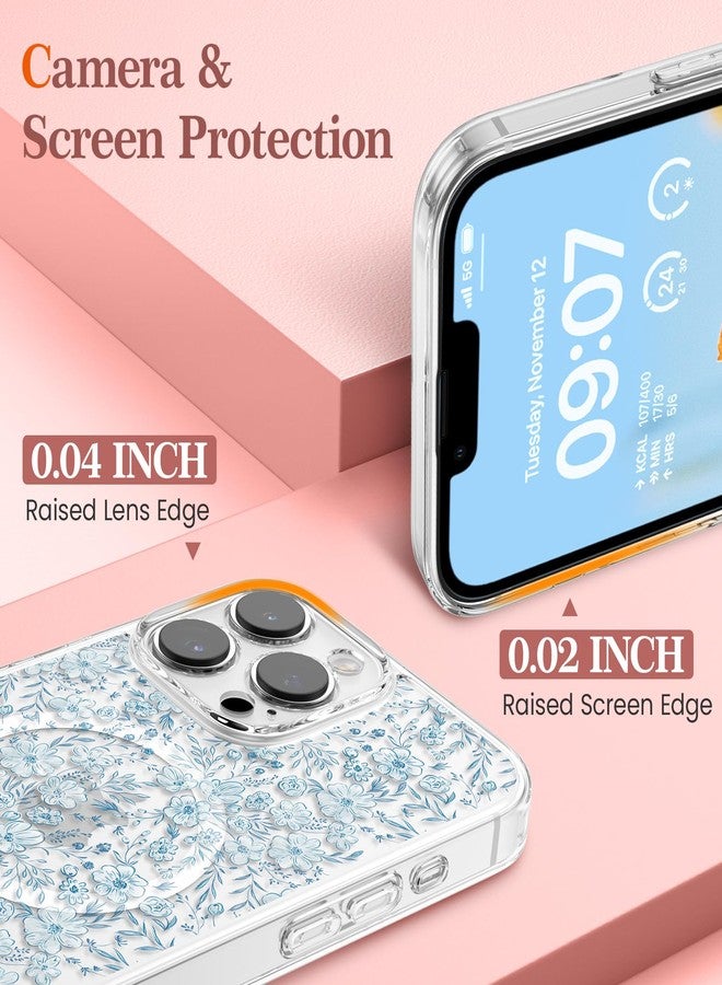 RALEAVO جراب RALEAVO لهاتف iPhone 15 Pro، [متوافق مع Magsafe] جراب حماية مغناطيسي مقاوم للصدمات بنقشة زهور، جراب سيليكون شفاف مضاد للاصفرار لهاتف iPhone 15 Pro بنقشة زهور زرقاء - Image 3