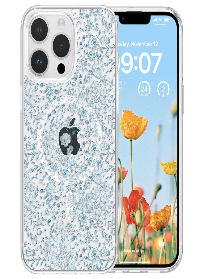 RALEAVO جراب RALEAVO لهاتف iPhone 15 Pro، [متوافق مع Magsafe] جراب حماية مغناطيسي مقاوم للصدمات بنقشة زهور، جراب سيليكون شفاف مضاد للاصفرار لهاتف iPhone 15 Pro بنقشة زهور زرقاء - Image 1