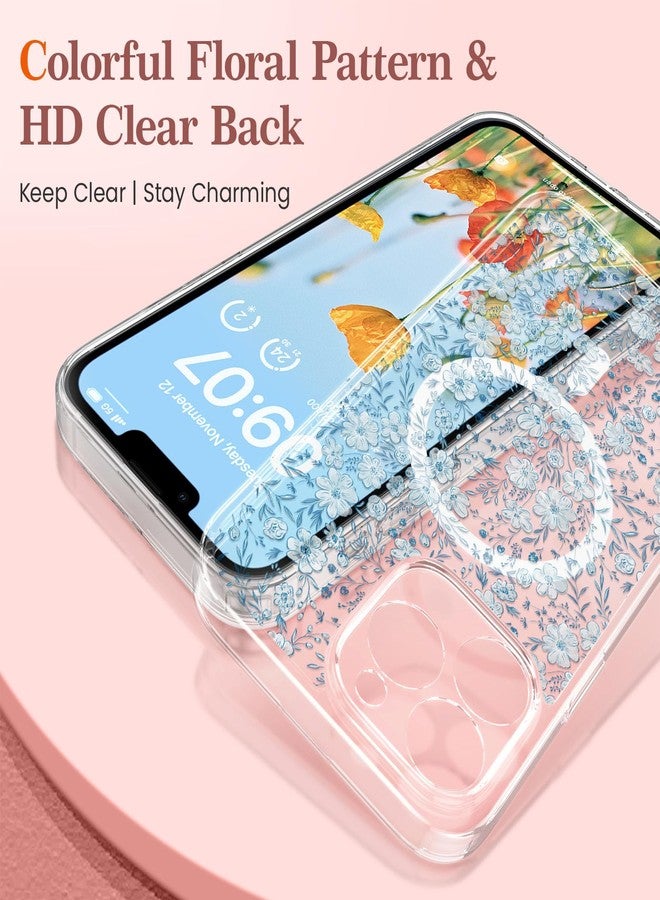 RALEAVO جراب RALEAVO لهاتف iPhone 15 Pro، [متوافق مع Magsafe] جراب حماية مغناطيسي مقاوم للصدمات بنقشة زهور، جراب سيليكون شفاف مضاد للاصفرار لهاتف iPhone 15 Pro بنقشة زهور زرقاء - Image 2