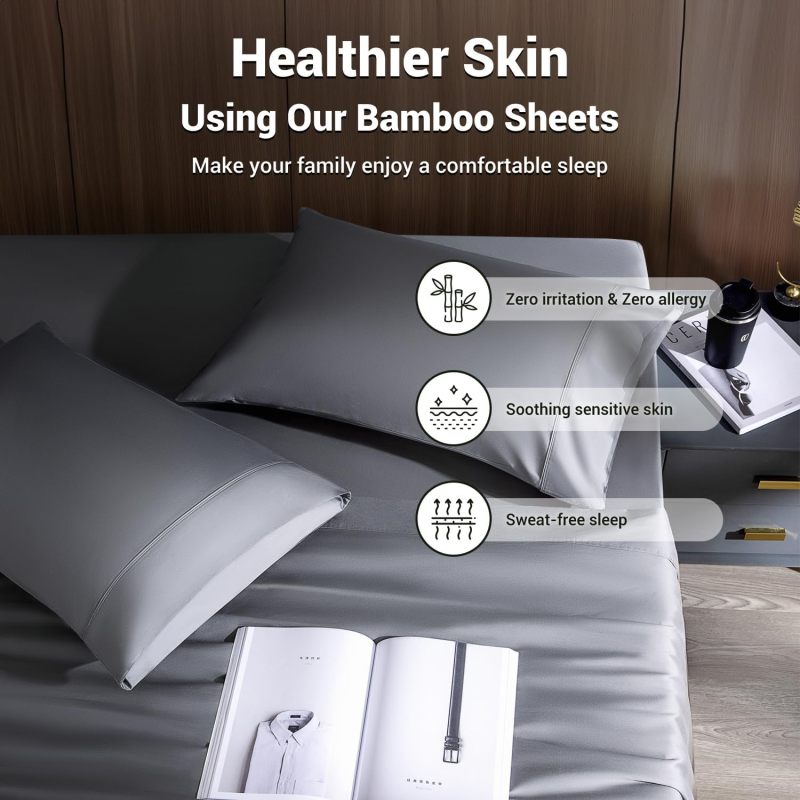 Bamboo Sheets King 4-Piece Dark Grey Set - Shockingly Soft Temperature-Regulating Cooling Sheets for Hot Sleepers & Night Sweaters - Image 3