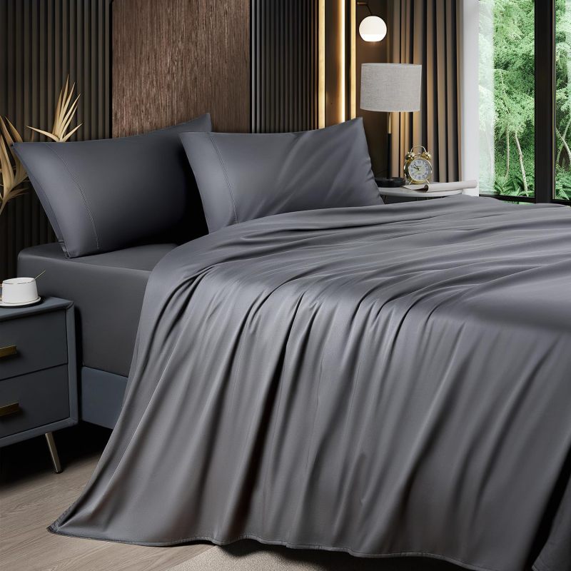 Bamboo Sheets King 4-Piece Dark Grey Set - Shockingly Soft Temperature-Regulating Cooling Sheets for Hot Sleepers & Night Sweaters - Image 1