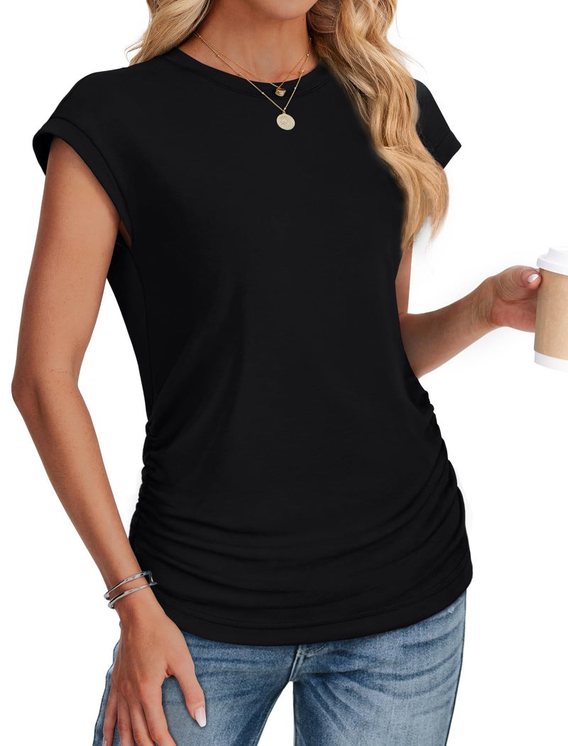 SAMPEEL Womens Tops Summer Cap Sleeve Tops Trendy Loose Fit Tshirts Dressy Casual Shirts Fashion 2026 Vacation Outfits Clothing Black L - Image 3