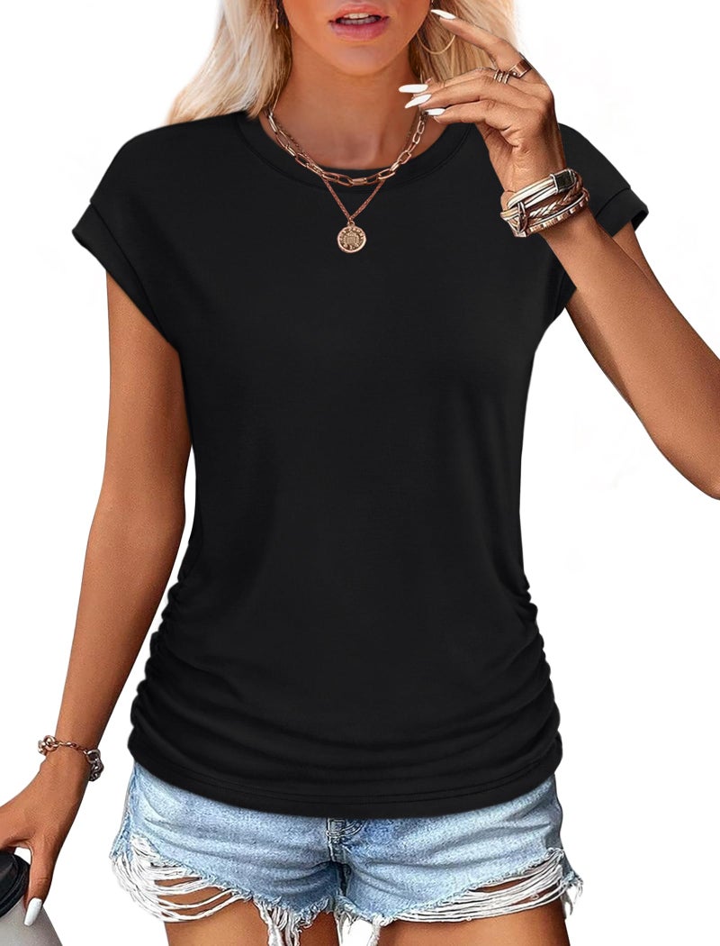 SAMPEEL Womens Tops Summer Cap Sleeve Tops Trendy Loose Fit Tshirts Dressy Casual Shirts Fashion 2026 Vacation Outfits Clothing Black L - Image 2