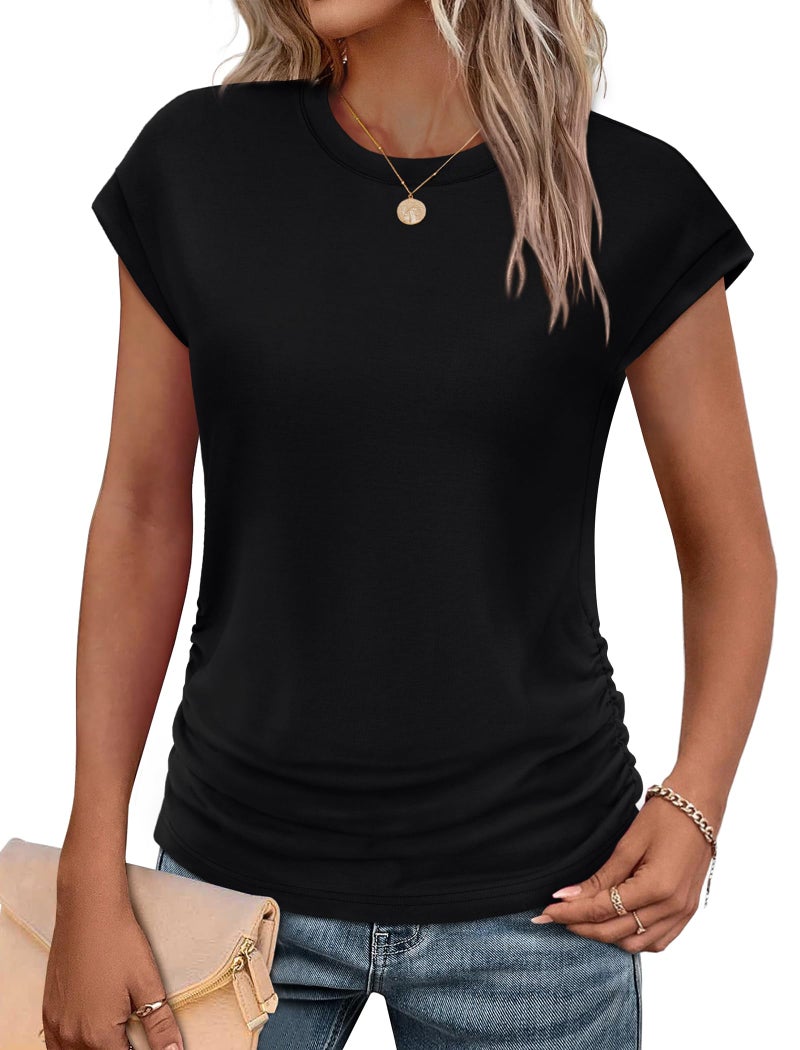 SAMPEEL Womens Tops Summer Cap Sleeve Tops Trendy Loose Fit Tshirts Dressy Casual Shirts Fashion 2026 Vacation Outfits Clothing Black L - Image 1